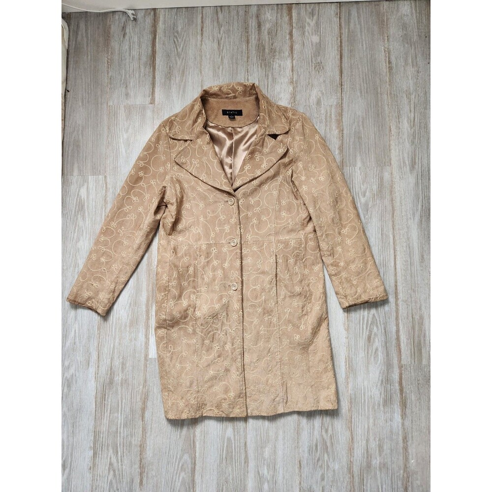 VTG Static Embroidered Beige Floral Knee Length 100% Leather Button Coat XL